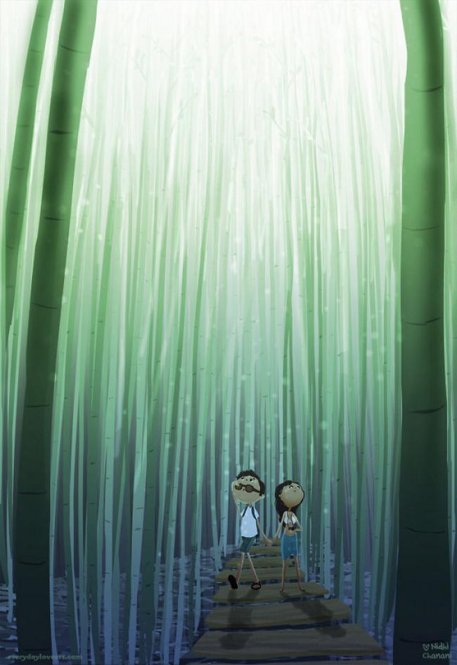 Illustration of couple walking in bamboo forest
